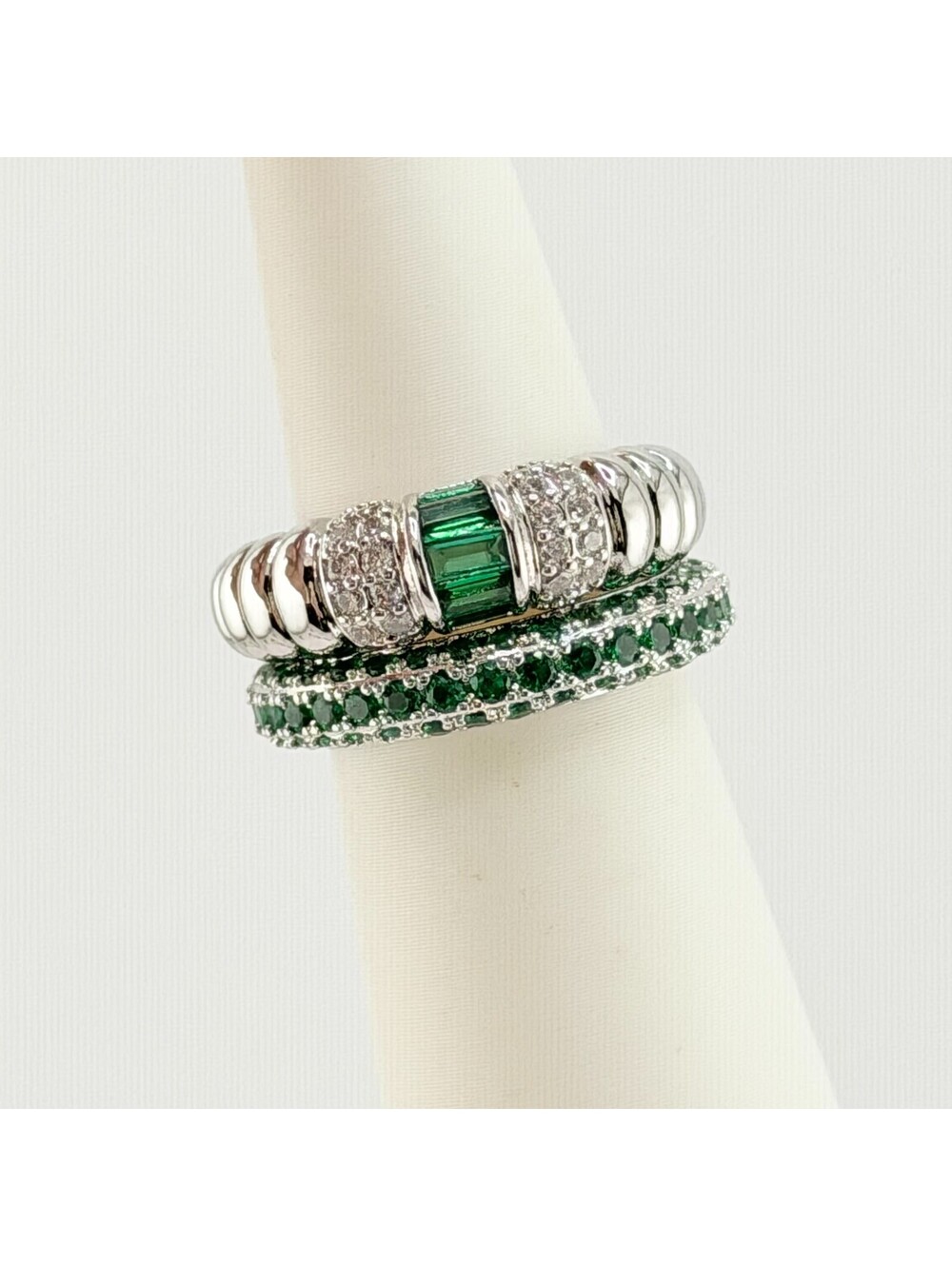 Bomb Party May 2pc Ring Size 6 โEvergreenโ Lab Created Emerald on Rhodium